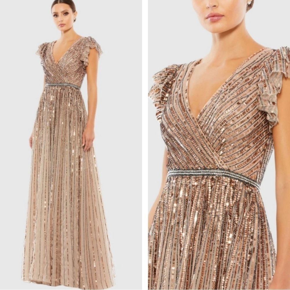 Mac Duggal $698 size 6 Sequin Wrap Over Ruffle Cap Sleeve Copper Dress NWT